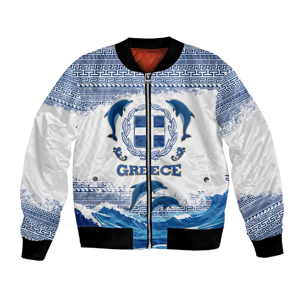 Greece Dolphin Bomber Jacket with Greek Key Pattern and Ocean Wave Design