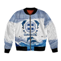 Greece Dolphin Bomber Jacket with Greek Key Pattern and Ocean Wave Design