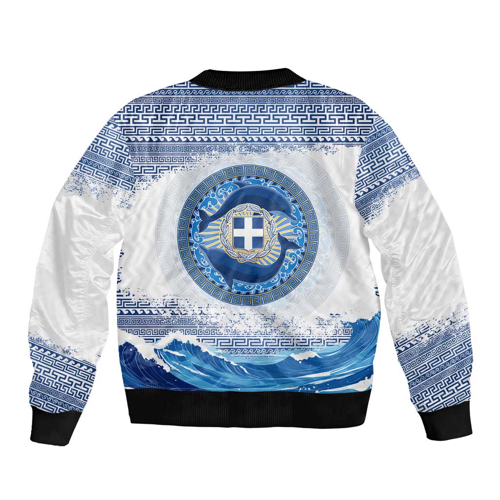 Greece Dolphin Bomber Jacket with Greek Key Pattern and Ocean Wave Design