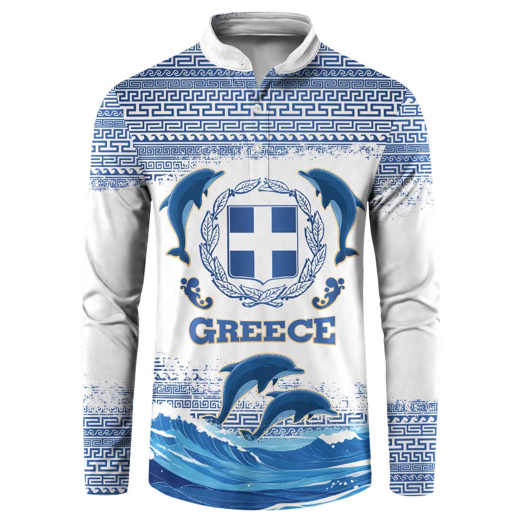 Greece Dolphin Button Sweatshirt with Greek Key Pattern and Ocean Wave Design