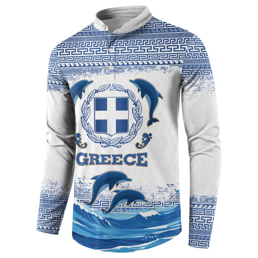 Greece Dolphin Button Sweatshirt with Greek Key Pattern and Ocean Wave Design