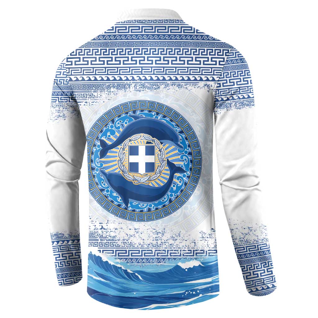 Greece Dolphin Button Sweatshirt with Greek Key Pattern and Ocean Wave Design
