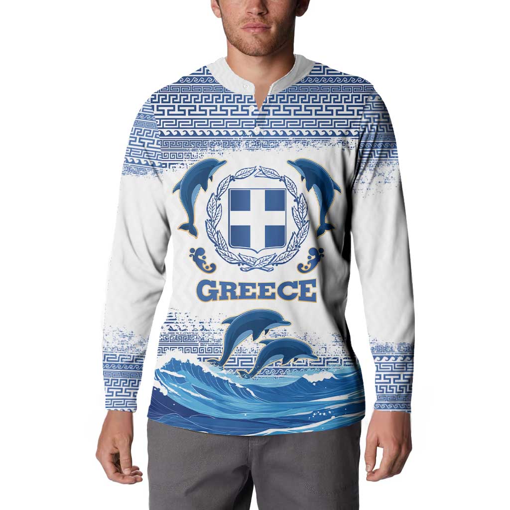 Greece Dolphin Button Sweatshirt with Greek Key Pattern and Ocean Wave Design