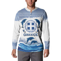 Greece Dolphin Button Sweatshirt with Greek Key Pattern and Ocean Wave Design