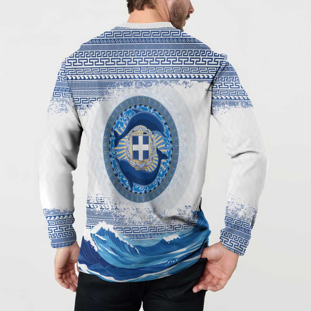 Greece Dolphin Button Sweatshirt with Greek Key Pattern and Ocean Wave Design