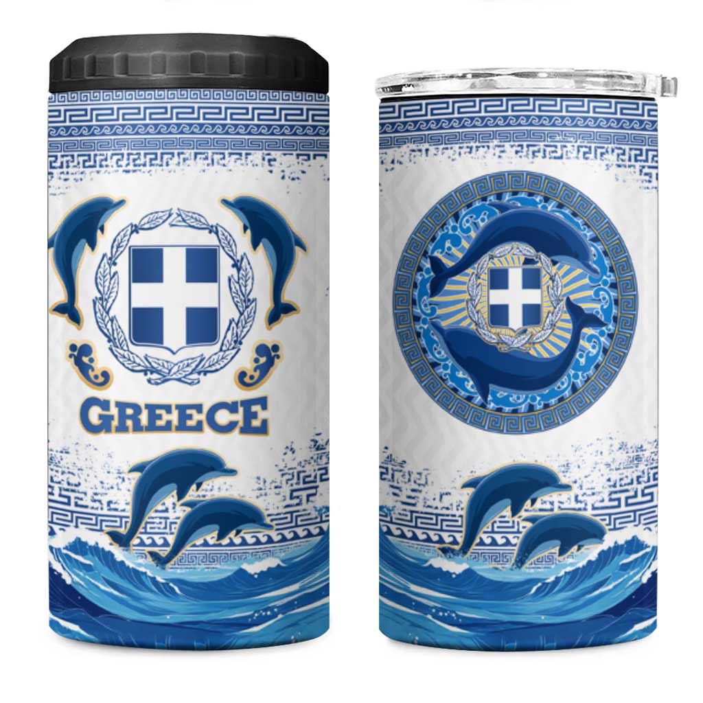 Greece Dolphin 4 in 1 Can Cooler Tumbler with Greek Key Pattern and Ocean Wave Design