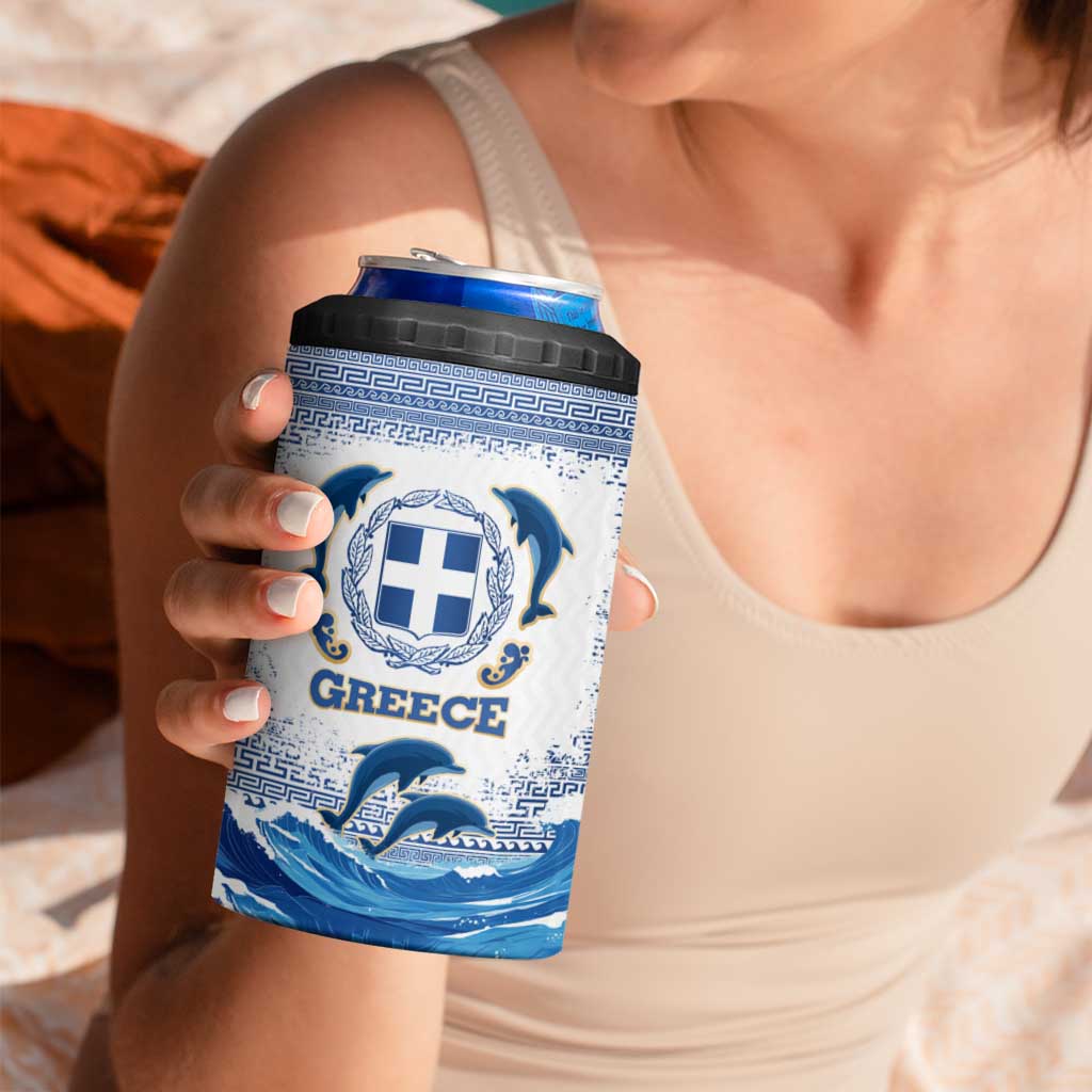 Greece Dolphin 4 in 1 Can Cooler Tumbler with Greek Key Pattern and Ocean Wave Design