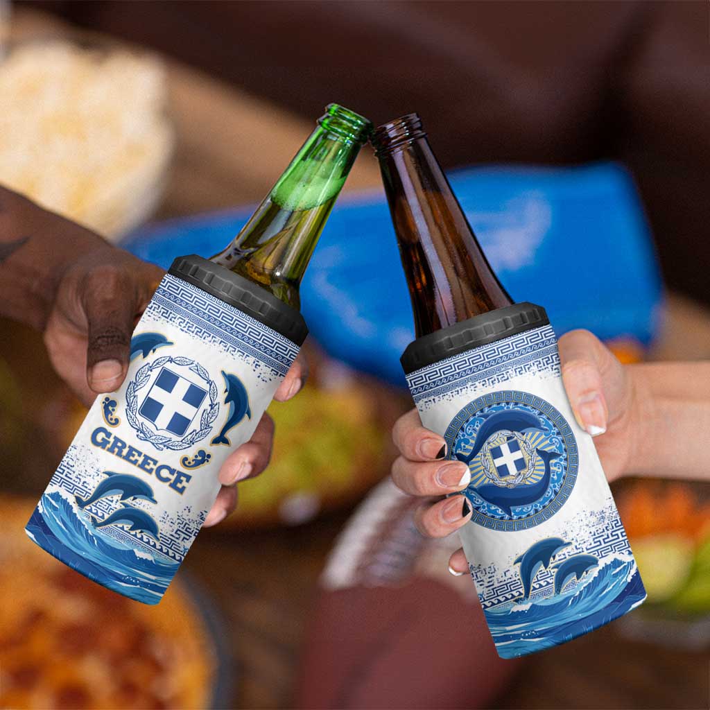 Greece Dolphin 4 in 1 Can Cooler Tumbler with Greek Key Pattern and Ocean Wave Design