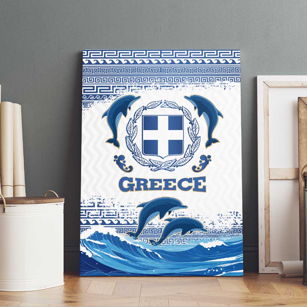 Greece Dolphin Canvas Wall Art with Greek Key Pattern and Ocean Wave Design