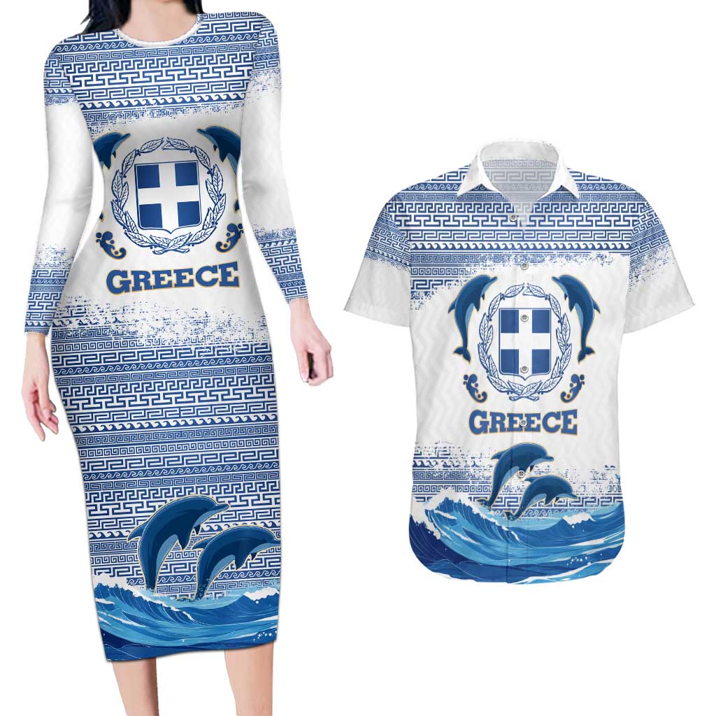 Greece Dolphin Couples Matching Long Sleeve Bodycon Dress and Hawaiian Shirt with Greek Key Pattern and Ocean Wave Design
