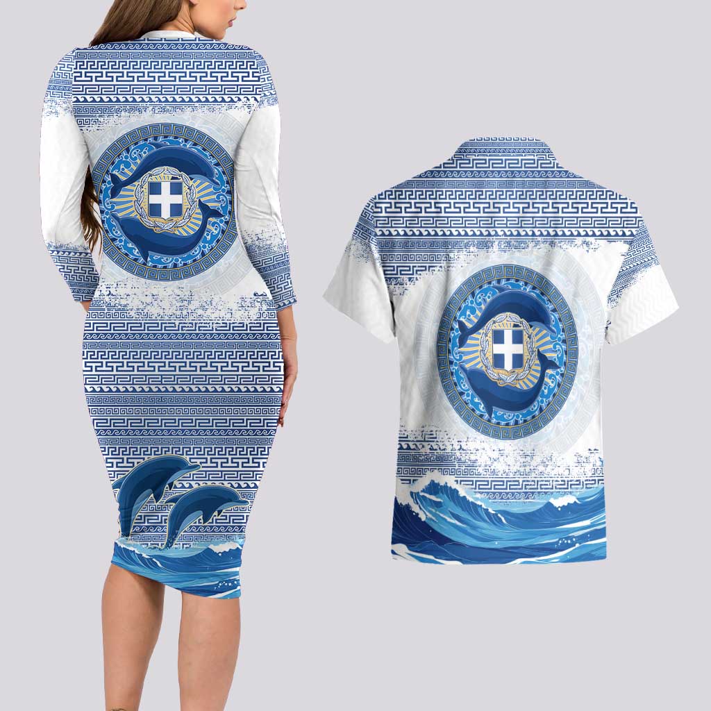 Greece Dolphin Couples Matching Long Sleeve Bodycon Dress and Hawaiian Shirt with Greek Key Pattern and Ocean Wave Design