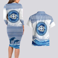Greece Dolphin Couples Matching Long Sleeve Bodycon Dress and Hawaiian Shirt with Greek Key Pattern and Ocean Wave Design