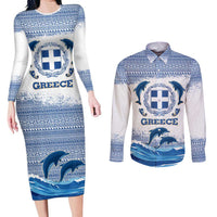Greece Dolphin Couples Matching Long Sleeve Bodycon Dress and Long Sleeve Button Shirt with Greek Key Pattern and Ocean Wave Design