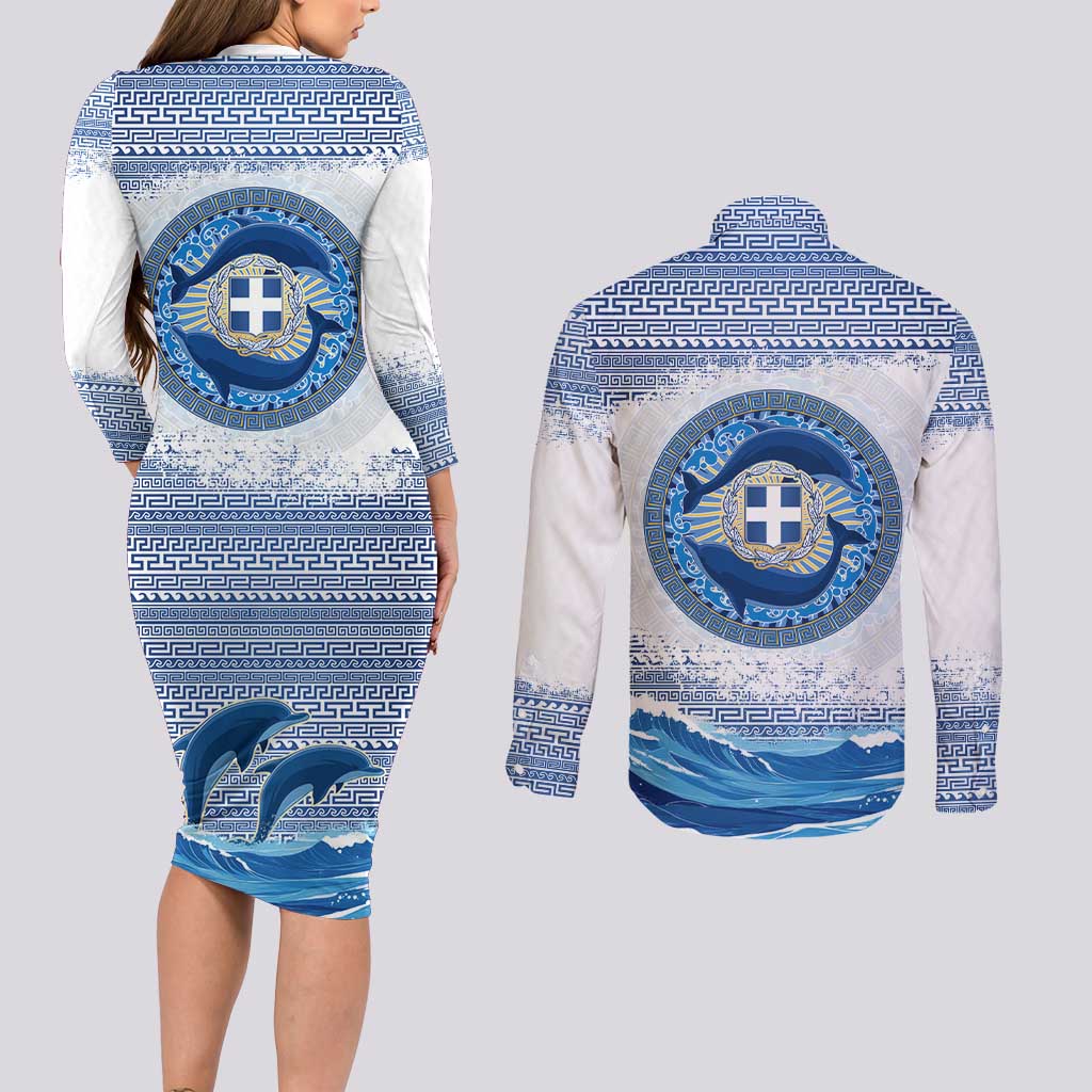Greece Dolphin Couples Matching Long Sleeve Bodycon Dress and Long Sleeve Button Shirt with Greek Key Pattern and Ocean Wave Design