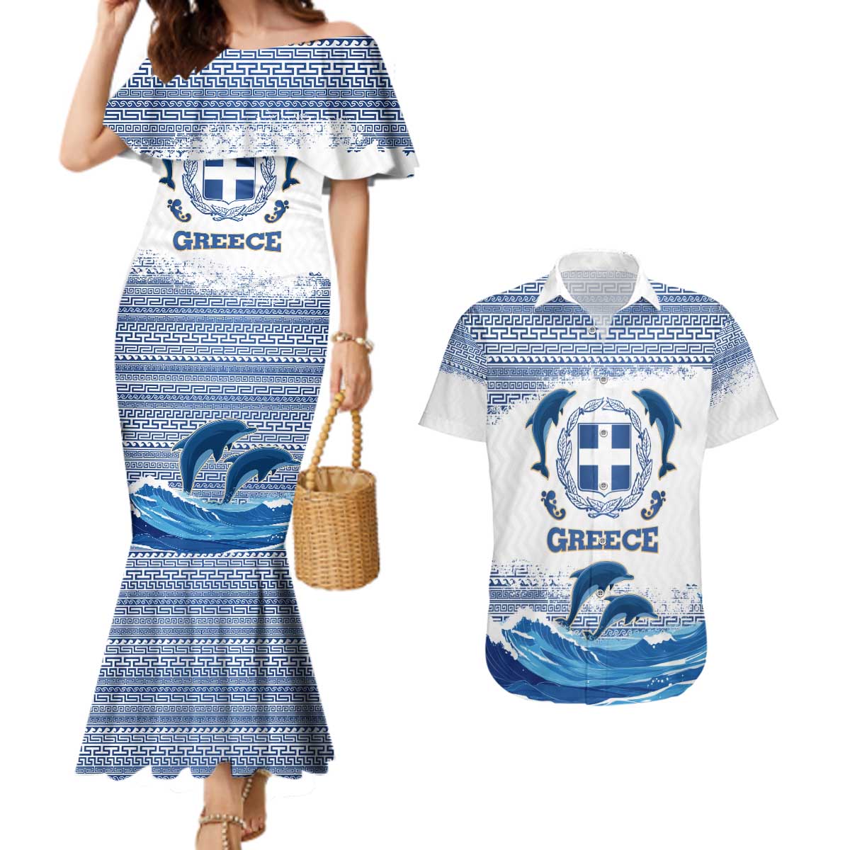 Greece Dolphin Couples Matching Mermaid Dress and Hawaiian Shirt with Greek Key Pattern and Ocean Wave Design