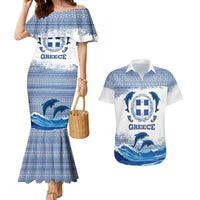 Greece Dolphin Couples Matching Mermaid Dress and Hawaiian Shirt with Greek Key Pattern and Ocean Wave Design