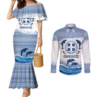 Greece Dolphin Couples Matching Mermaid Dress and Long Sleeve Button Shirt with Greek Key Pattern and Ocean Wave Design