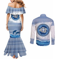 Greece Dolphin Couples Matching Mermaid Dress and Long Sleeve Button Shirt with Greek Key Pattern and Ocean Wave Design