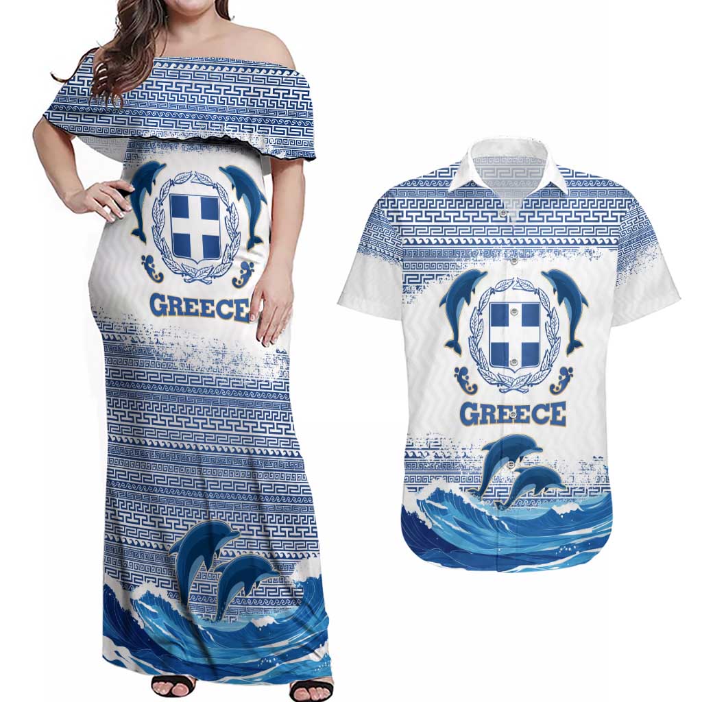 Greece Dolphin Couples Matching Off Shoulder Maxi Dress and Hawaiian Shirt with Greek Key Pattern and Ocean Wave Design
