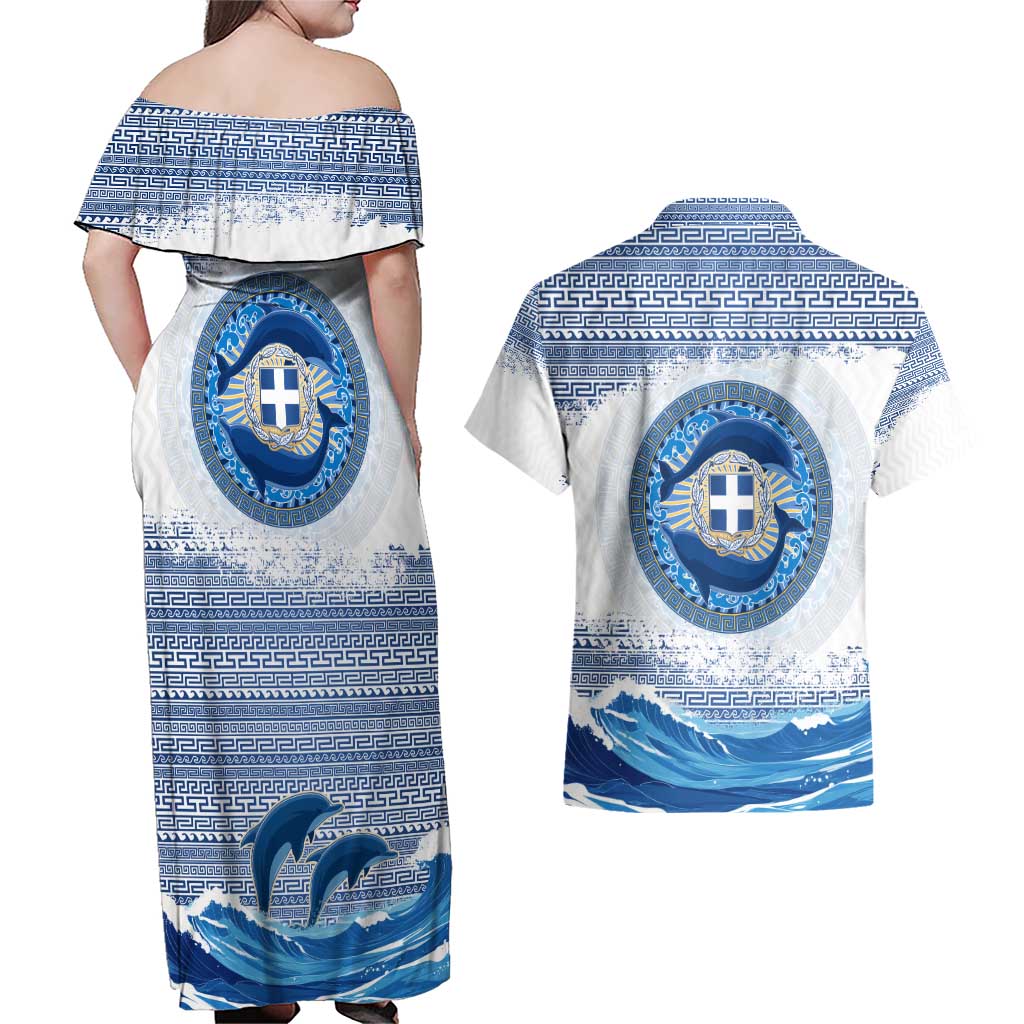 Greece Dolphin Couples Matching Off Shoulder Maxi Dress and Hawaiian Shirt with Greek Key Pattern and Ocean Wave Design