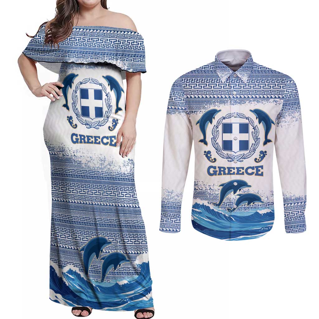 Greece Dolphin Couples Matching Off Shoulder Maxi Dress and Long Sleeve Button Shirt with Greek Key Pattern and Ocean Wave Design