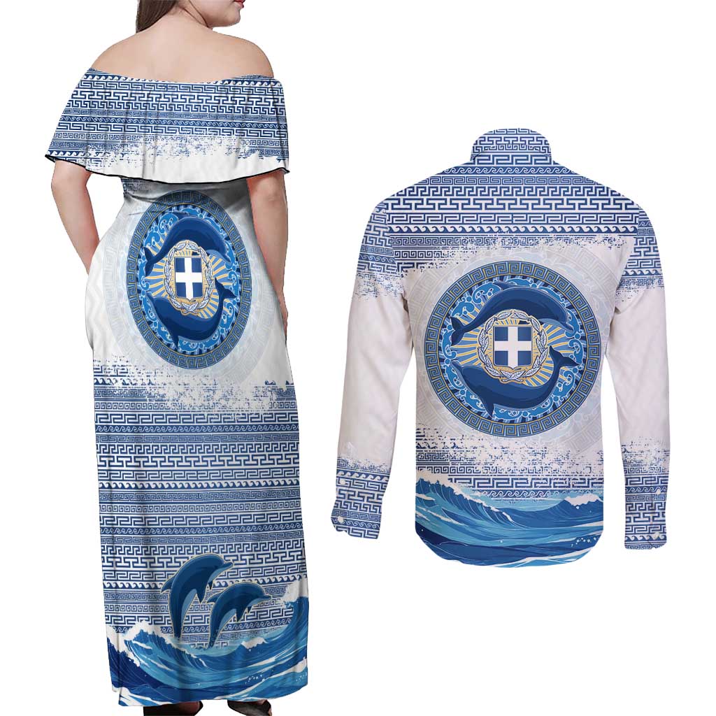 Greece Dolphin Couples Matching Off Shoulder Maxi Dress and Long Sleeve Button Shirt with Greek Key Pattern and Ocean Wave Design