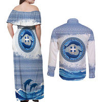 Greece Dolphin Couples Matching Off Shoulder Maxi Dress and Long Sleeve Button Shirt with Greek Key Pattern and Ocean Wave Design