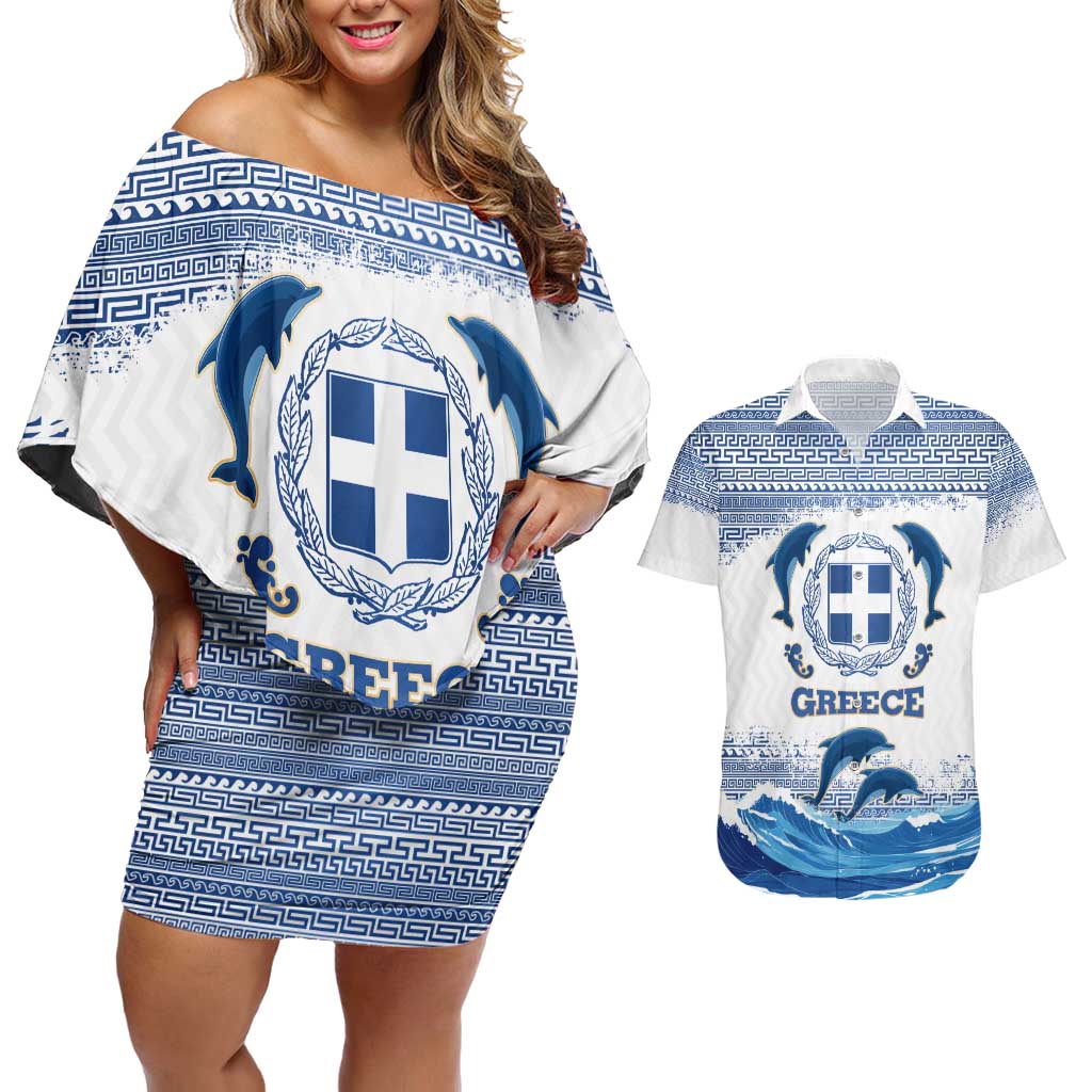 Greece Dolphin Couples Matching Off Shoulder Short Dress and Hawaiian Shirt with Greek Key Pattern and Ocean Wave Design
