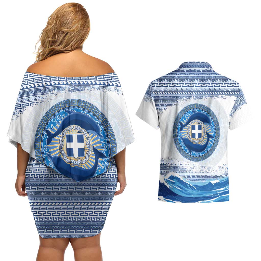 Greece Dolphin Couples Matching Off Shoulder Short Dress and Hawaiian Shirt with Greek Key Pattern and Ocean Wave Design