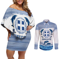 Greece Dolphin Couples Matching Off Shoulder Short Dress and Long Sleeve Button Shirt with Greek Key Pattern and Ocean Wave Design