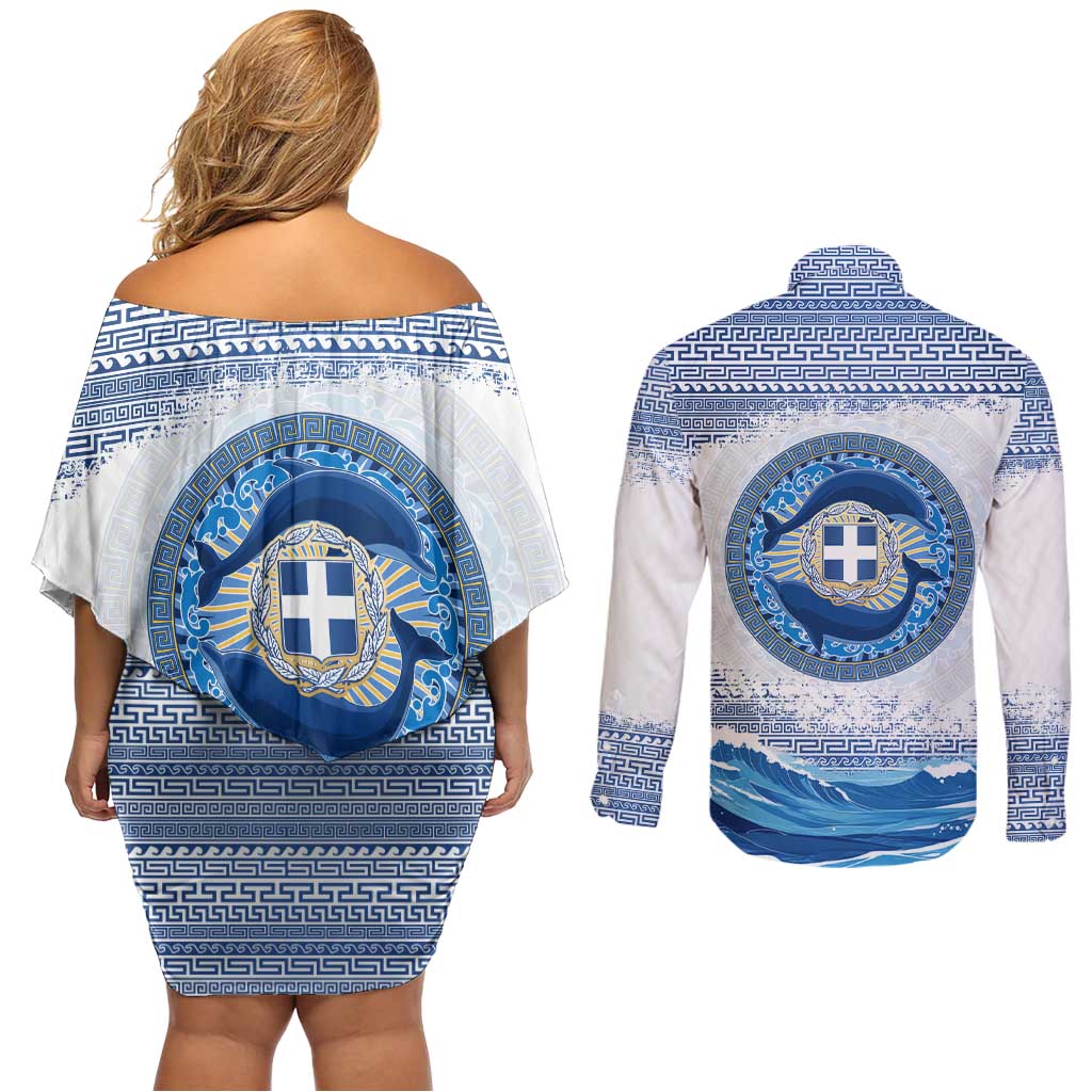 Greece Dolphin Couples Matching Off Shoulder Short Dress and Long Sleeve Button Shirt with Greek Key Pattern and Ocean Wave Design