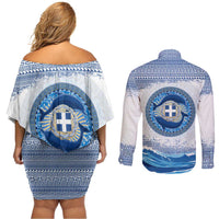 Greece Dolphin Couples Matching Off Shoulder Short Dress and Long Sleeve Button Shirt with Greek Key Pattern and Ocean Wave Design