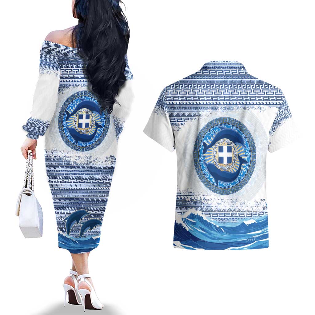 Greece Dolphin Couples Matching Off The Shoulder Long Sleeve Dress and Hawaiian Shirt with Greek Key Pattern and Ocean Wave Design