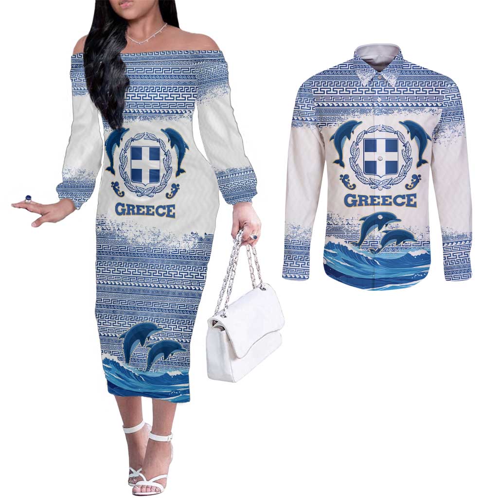 Greece Dolphin Couples Matching Off The Shoulder Long Sleeve Dress and Long Sleeve Button Shirt with Greek Key Pattern and Ocean Wave Design