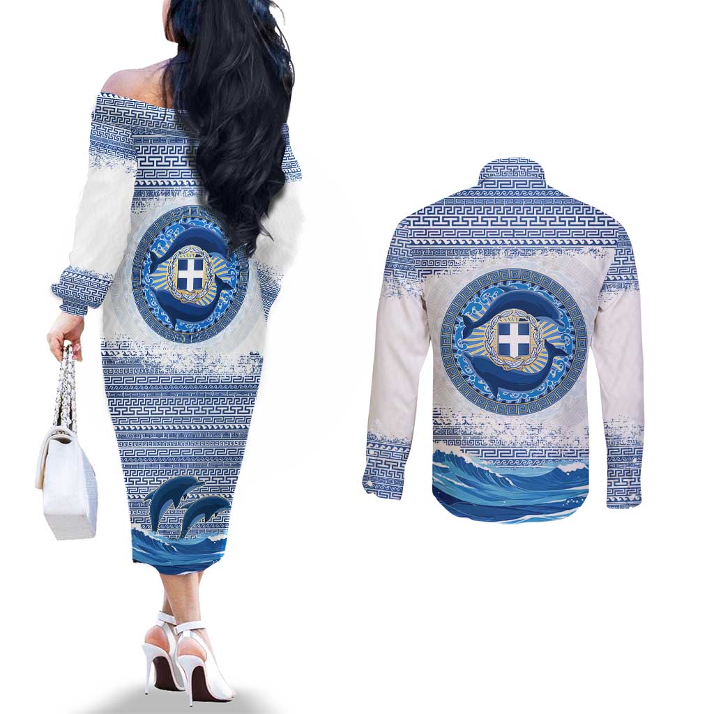 Greece Dolphin Couples Matching Off The Shoulder Long Sleeve Dress and Long Sleeve Button Shirt with Greek Key Pattern and Ocean Wave Design