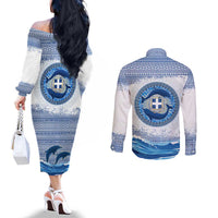 Greece Dolphin Couples Matching Off The Shoulder Long Sleeve Dress and Long Sleeve Button Shirt with Greek Key Pattern and Ocean Wave Design