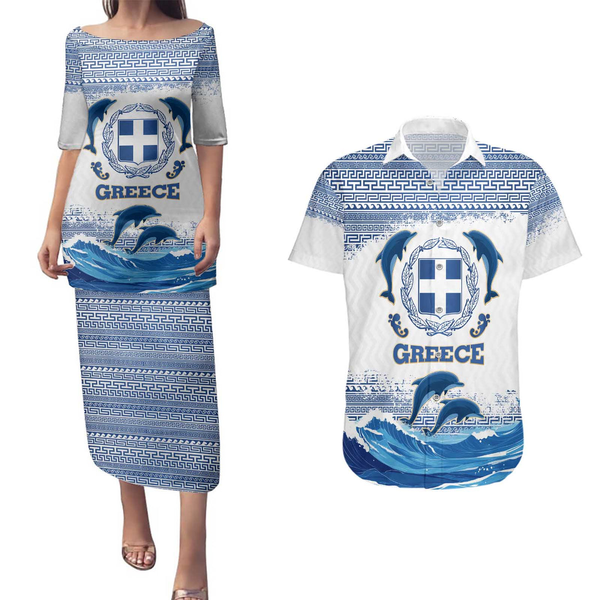 Greece Dolphin Couples Matching Puletasi and Hawaiian Shirt with Greek Key Pattern and Ocean Wave Design