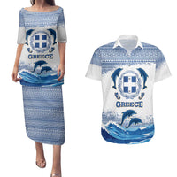 Greece Dolphin Couples Matching Puletasi and Hawaiian Shirt with Greek Key Pattern and Ocean Wave Design