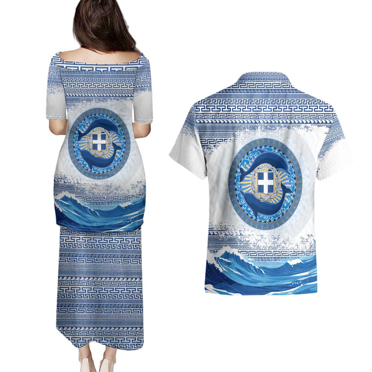 Greece Dolphin Couples Matching Puletasi and Hawaiian Shirt with Greek Key Pattern and Ocean Wave Design