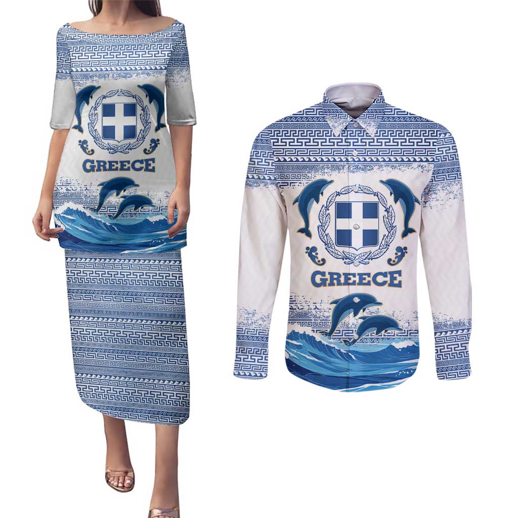 Greece Dolphin Couples Matching Puletasi and Long Sleeve Button Shirt with Greek Key Pattern and Ocean Wave Design