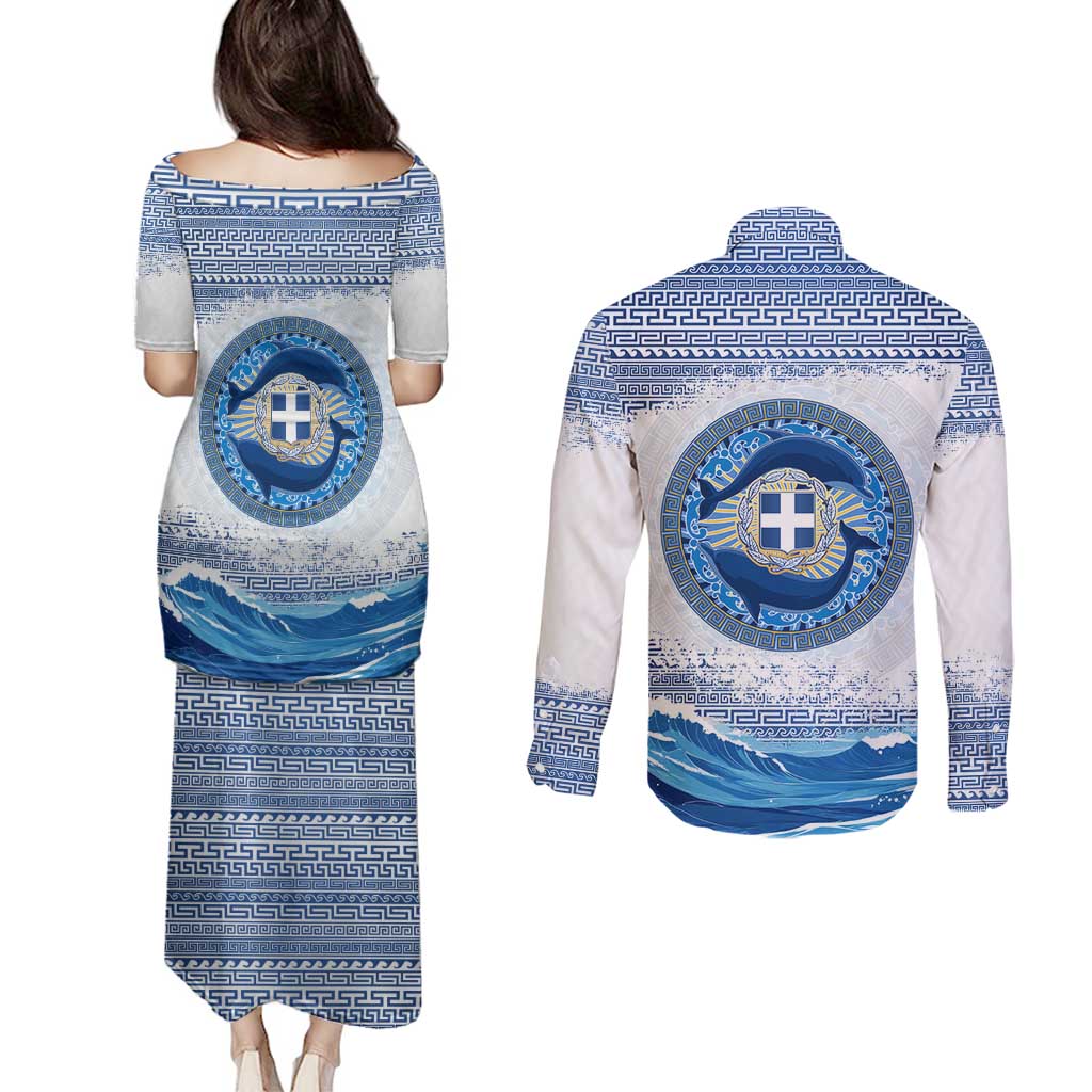 Greece Dolphin Couples Matching Puletasi and Long Sleeve Button Shirt with Greek Key Pattern and Ocean Wave Design