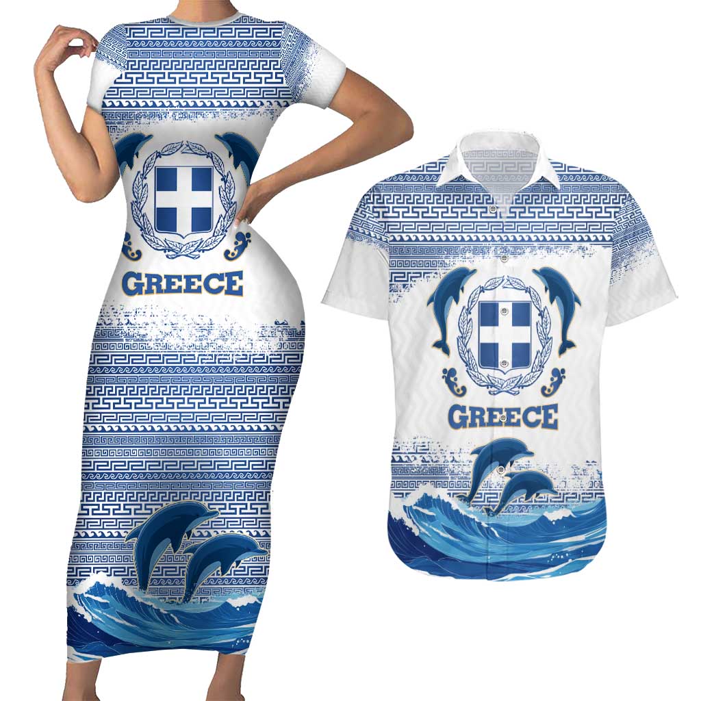 Greece Dolphin Couples Matching Short Sleeve Bodycon Dress and Hawaiian Shirt with Greek Key Pattern and Ocean Wave Design
