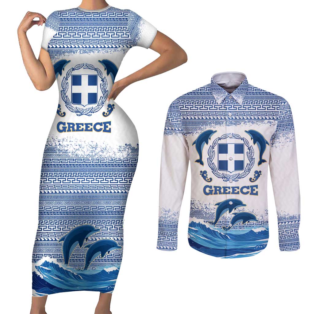 Greece Dolphin Couples Matching Short Sleeve Bodycon Dress and Long Sleeve Button Shirt with Greek Key Pattern and Ocean Wave Design