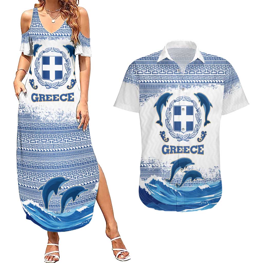 Greece Dolphin Couples Matching Summer Maxi Dress and Hawaiian Shirt with Greek Key Pattern and Ocean Wave Design