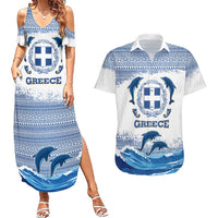 Greece Dolphin Couples Matching Summer Maxi Dress and Hawaiian Shirt with Greek Key Pattern and Ocean Wave Design