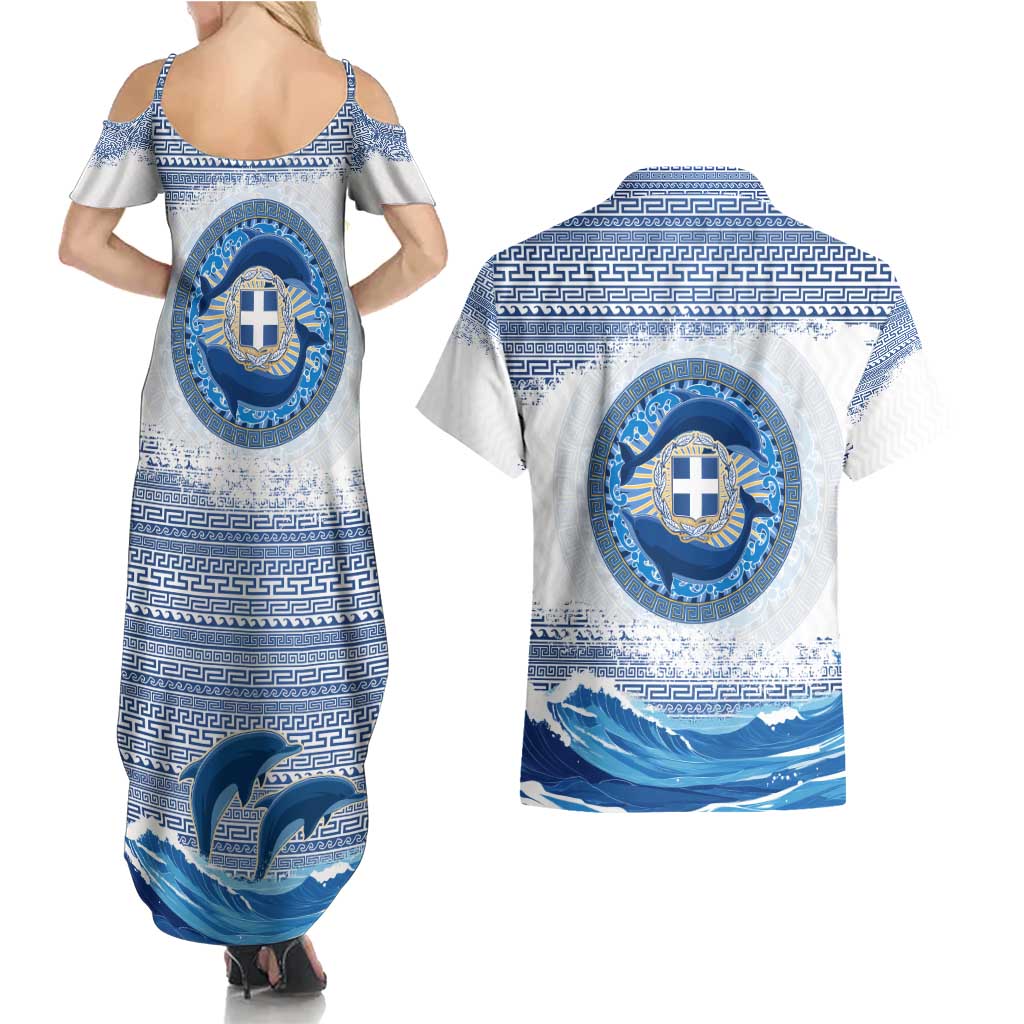 Greece Dolphin Couples Matching Summer Maxi Dress and Hawaiian Shirt with Greek Key Pattern and Ocean Wave Design