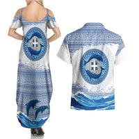 Greece Dolphin Couples Matching Summer Maxi Dress and Hawaiian Shirt with Greek Key Pattern and Ocean Wave Design