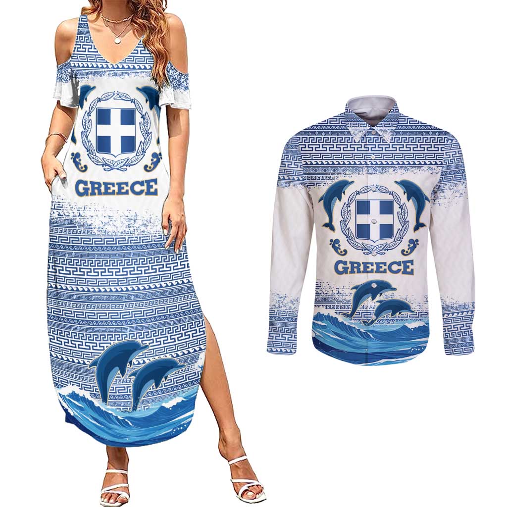 Greece Dolphin Couples Matching Summer Maxi Dress and Long Sleeve Button Shirt with Greek Key Pattern and Ocean Wave Design