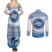 Greece Dolphin Couples Matching Summer Maxi Dress and Long Sleeve Button Shirt with Greek Key Pattern and Ocean Wave Design