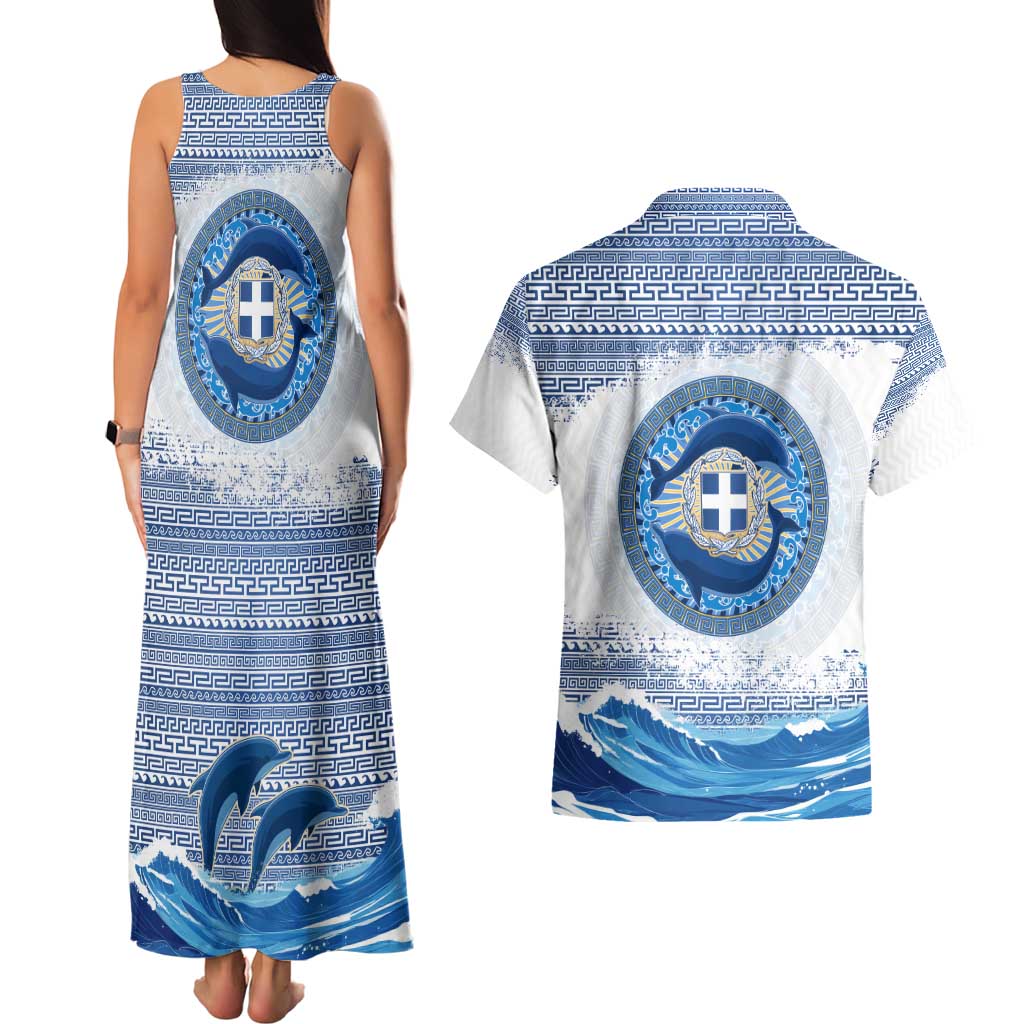 Greece Dolphin Couples Matching Tank Maxi Dress and Hawaiian Shirt with Greek Key Pattern and Ocean Wave Design
